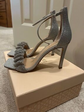 Badgley Mischka Silver Glitter Crystal-Ruffle Ankle-Strap Heels